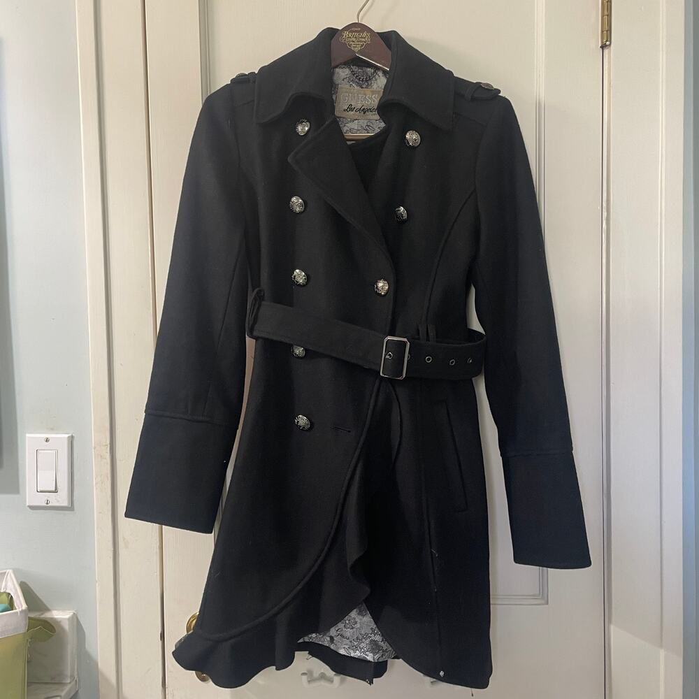 GUESS Black Wool Double Breasted Peacoat with Ruffle Size M - Picture 2 of 15